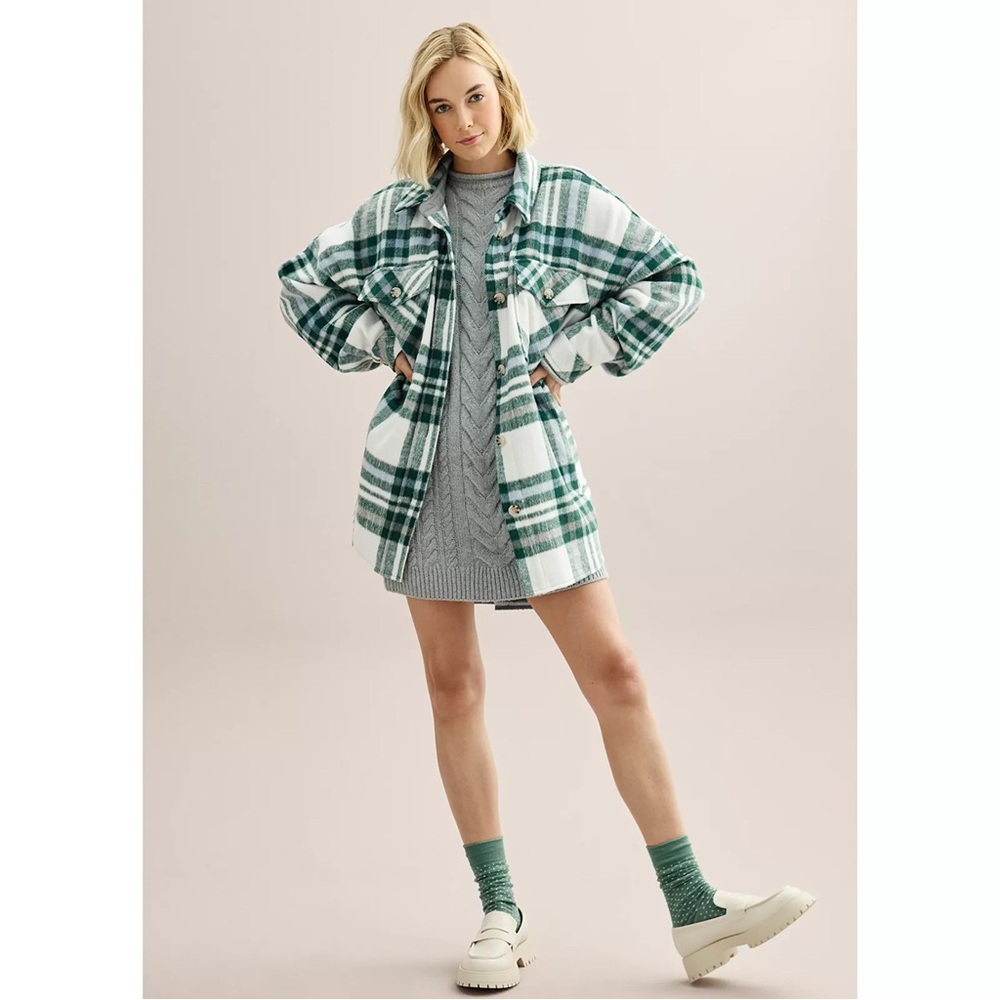 Green and White Plaid Oversized Shirt Jacket